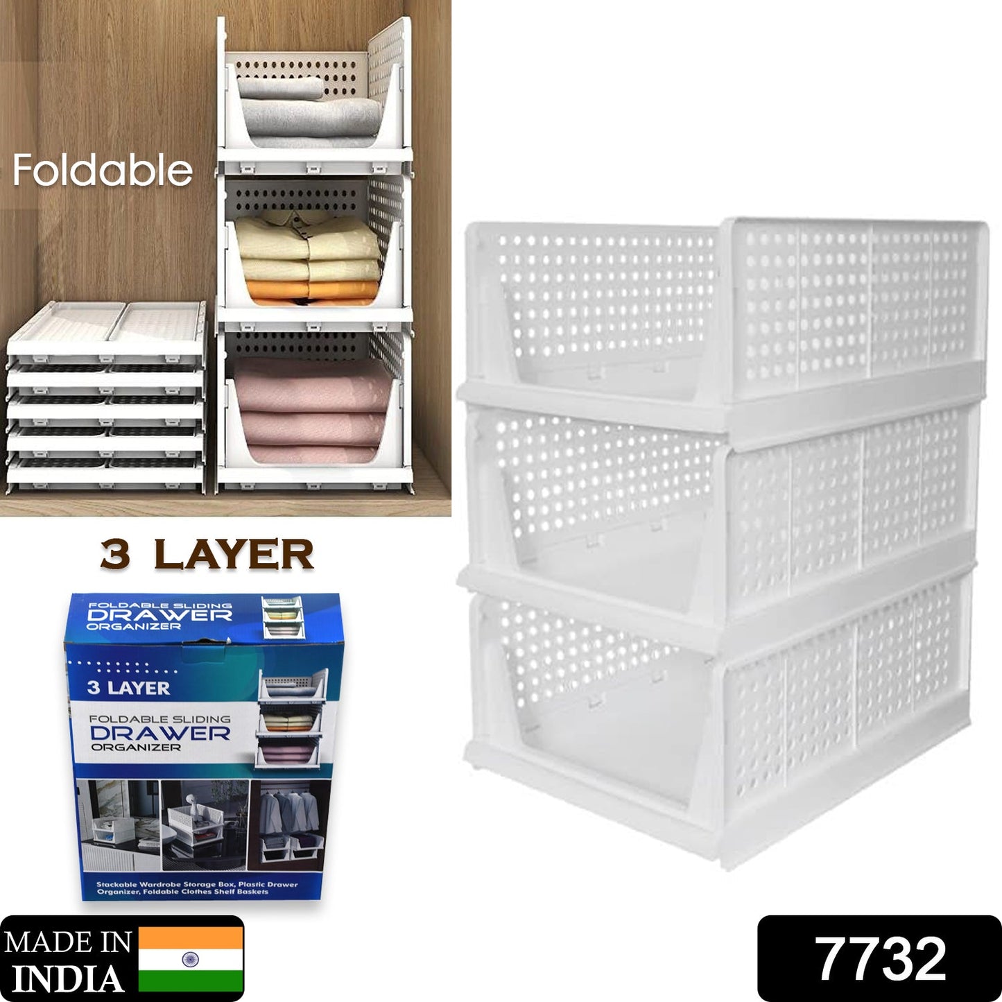 Multi-purpose wardrobe organizer, 3 layers for clothes, foldable and stackable.