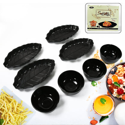 Invitation Round Ceramic Snacks Bowl With Plastic Leaf shape Serving platter Portable, Lightweight Breakfast, Serving Bowl | Ideal for Rice, Pasta, Desserts Home & Kitchen Serving Bowl & platter (8 Pcs set)