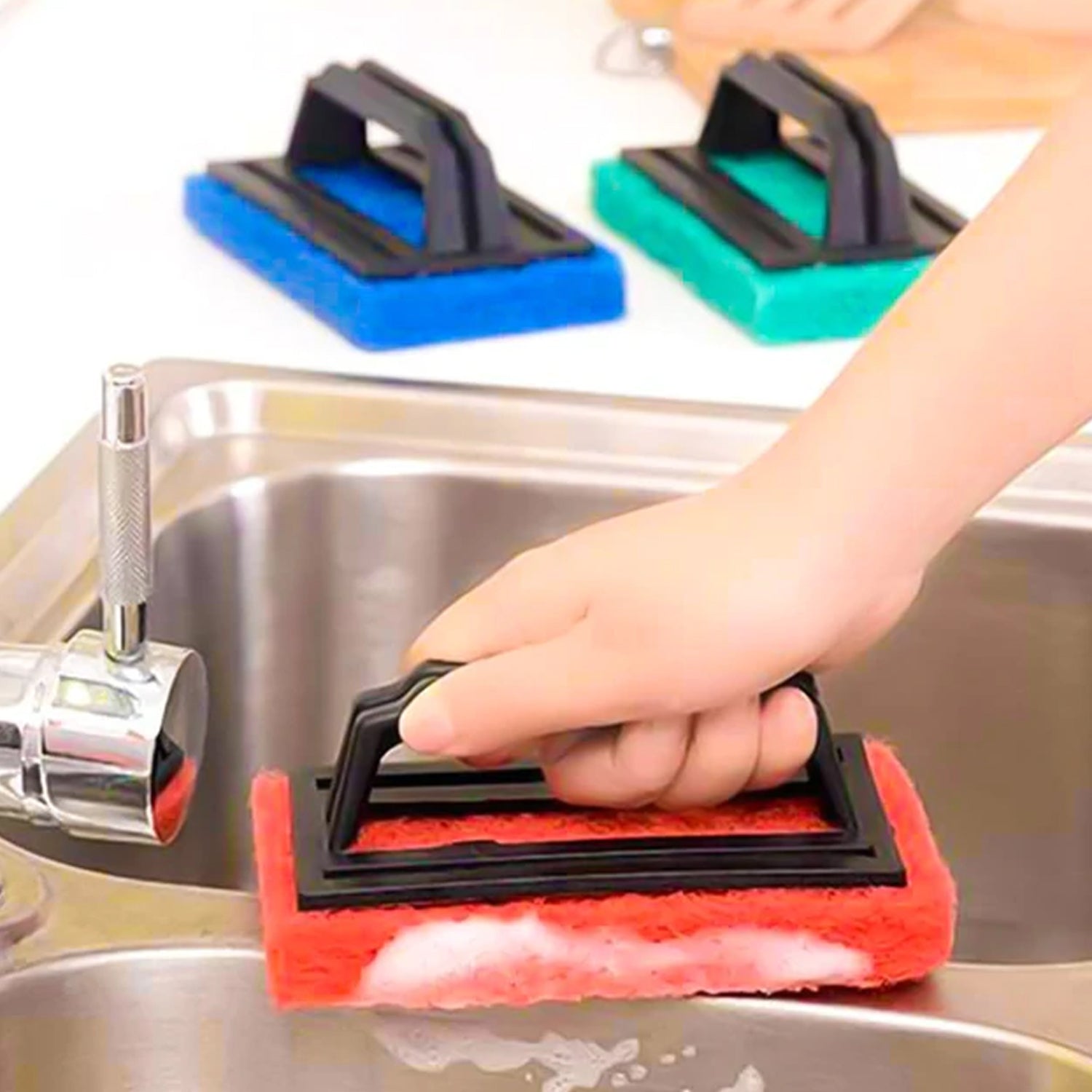 Durable handle scrubber for cleaning.