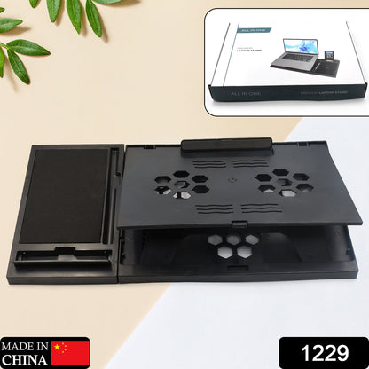 Foldable laptop stand with free phone stand, portable and compatible with tablets.