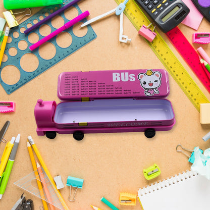 Metal bus pencil box, two layers, sharpener included.