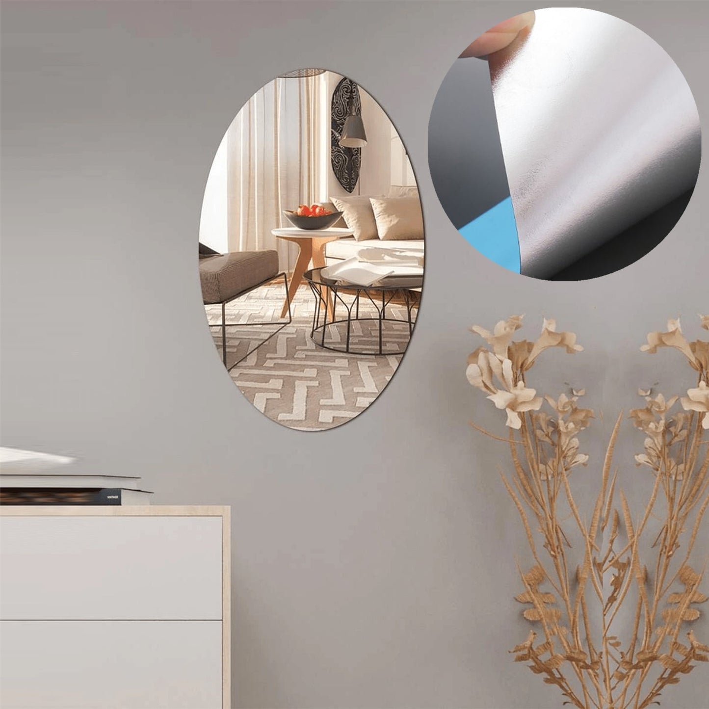 Mirror sticker with 3D oval design for wall decoration.