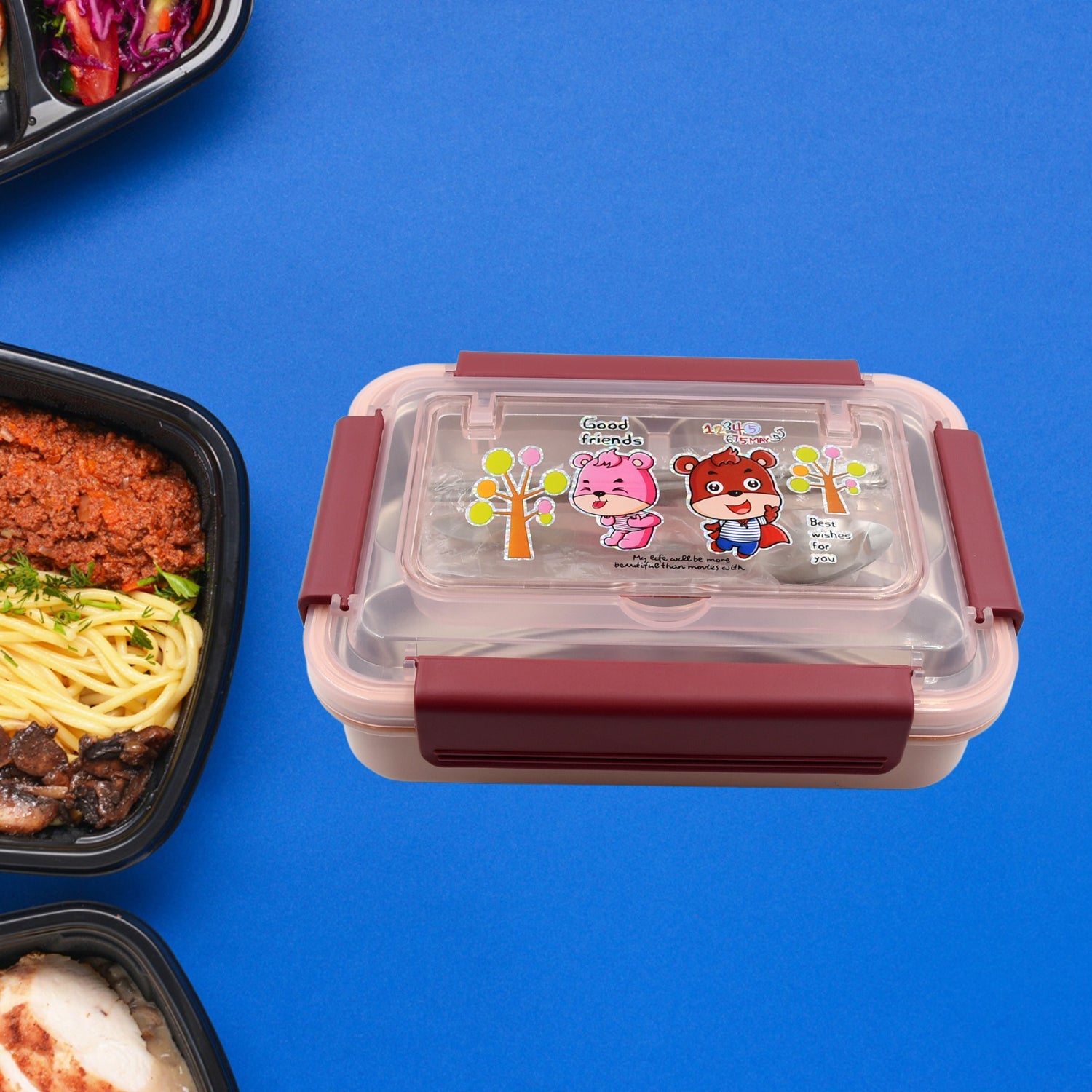 Food-safe lunch box for children, features steel spoon and chopsticks, easy to clean.