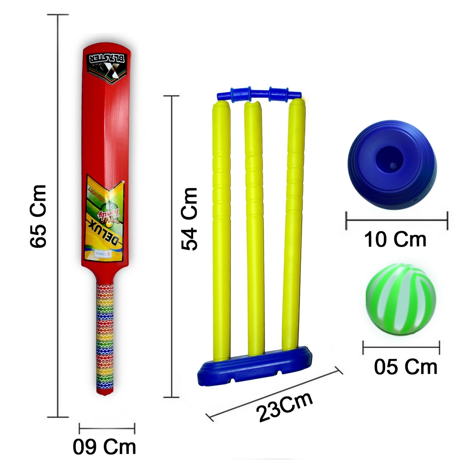 Various views of plastic cricket set with included equipment