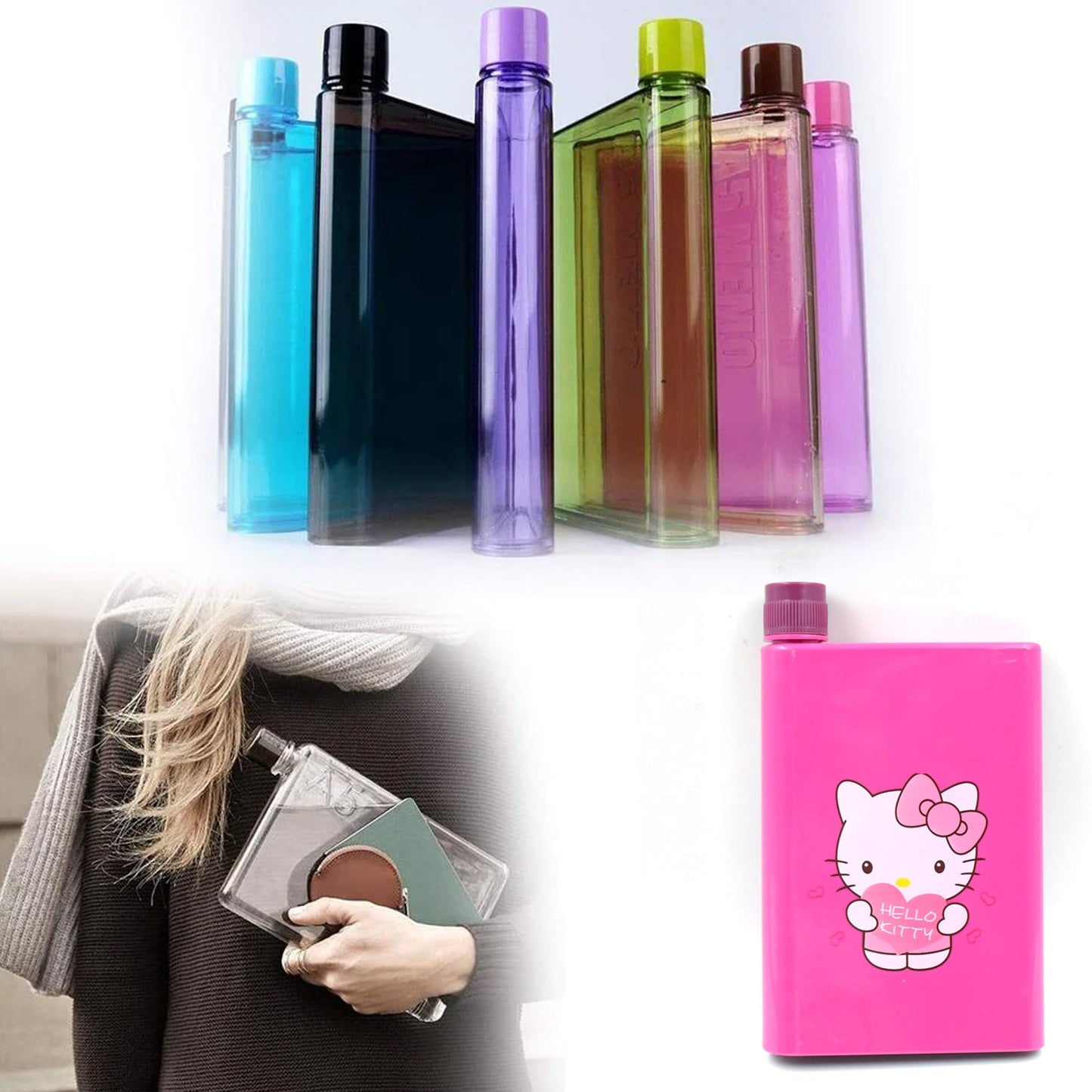 Kitchen Storage A5 size Flat Portable NoteBook Shape Water Bottle With a Cartoon Character Design-Hello Kitty - For School Outdoors and Sports Return Gift/Birthday Gift (1 Pc 420ML)