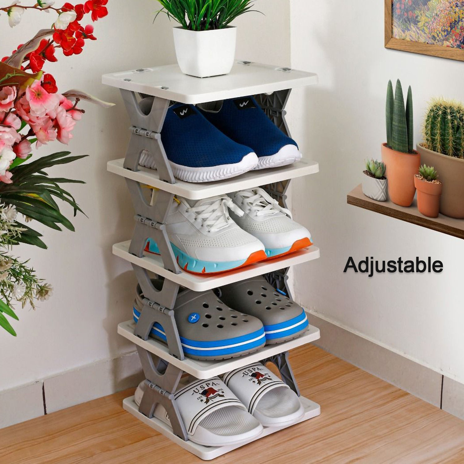 Heavy-duty plastic shoe rack, free-standing and foldable