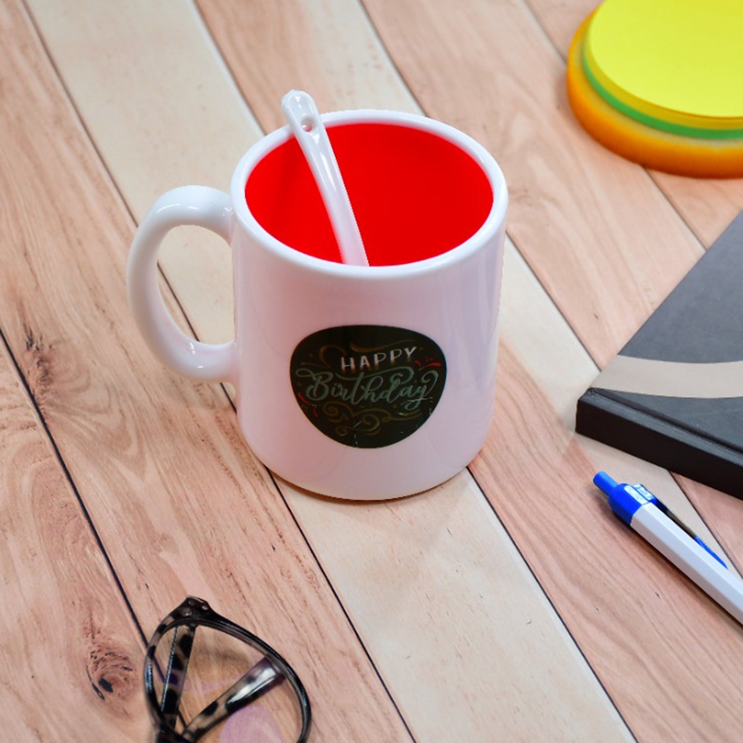 Coffee mug with mixed designs for various drinks.