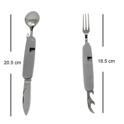 Stainless steel folding cutlery set with knife, fork, spoon, and opener, perfect for outdoor use