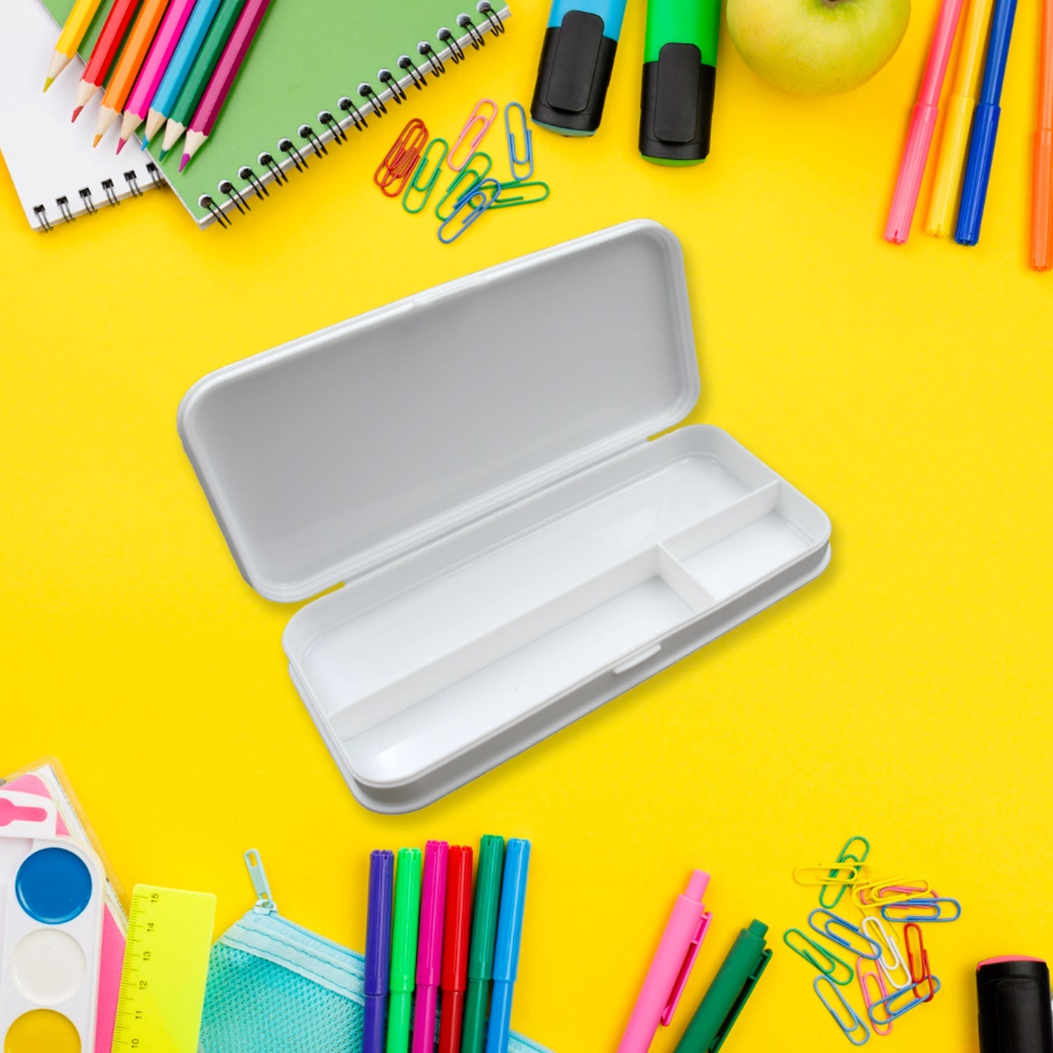 White 3-compartment compass pencil box for school kids