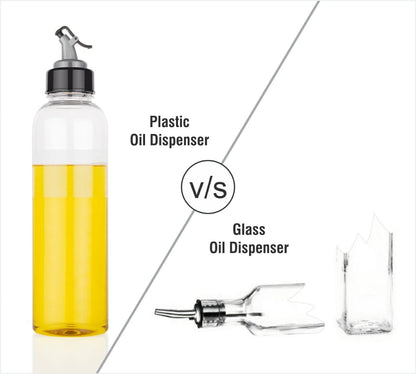 1-liter oil bottle, transparent plastic, with easy-to-use spout.