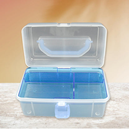 Open plastic storage case with various compartments for art supplies and cosmetics.