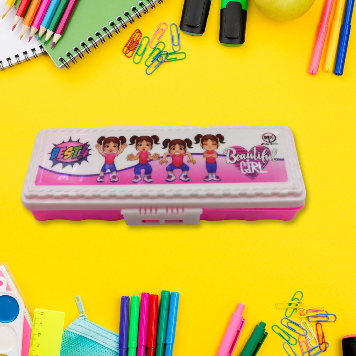 Multipurpose plastic pencil case with double deck, cartoon print