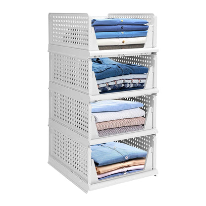 Multi-purpose plastic drawer organizer, 4-layer design, foldable and stackable for closets.