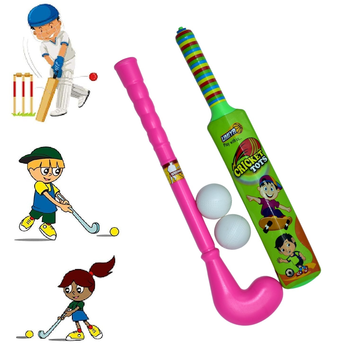 Lightweight plastic bat, ball, and hockey set for kids