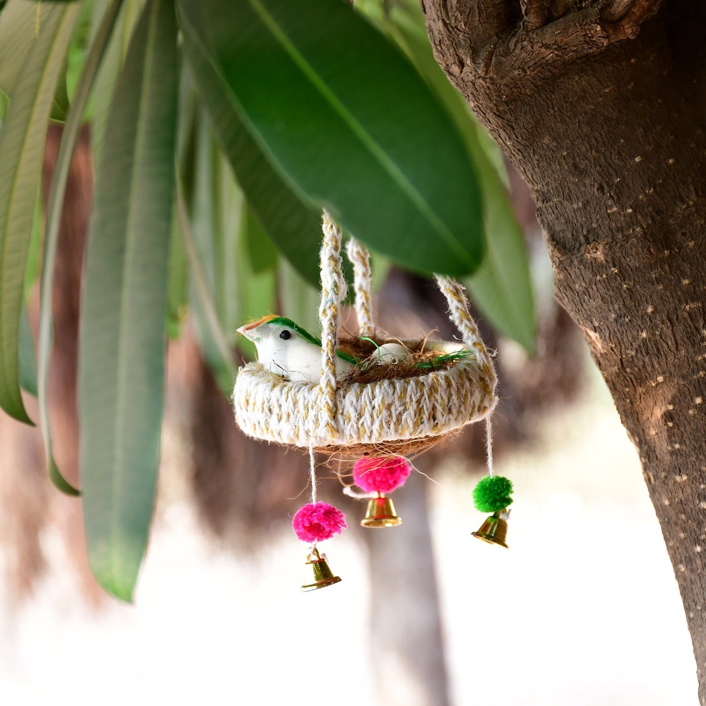 Artificial jute birds nest used as a decorative jhumar