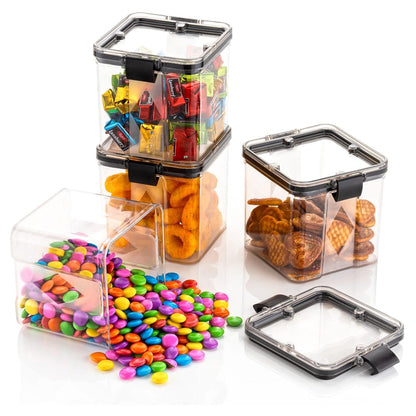 Four square containers, 700ml each, used for storing various food stuffs.