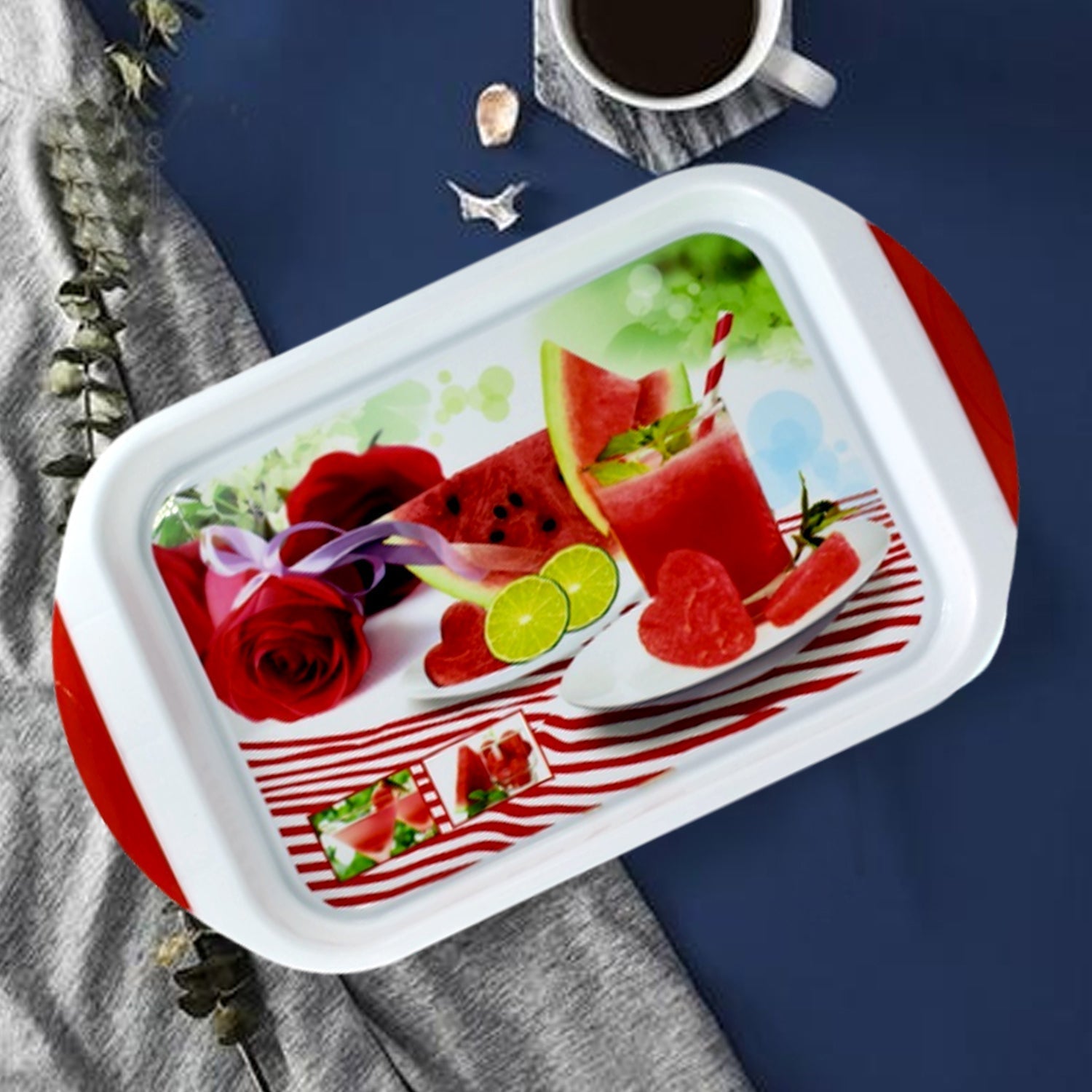 Spacious plastic tray for kitchen use and other general purposes.