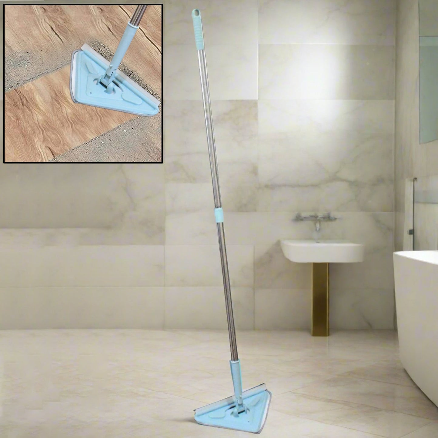 Extendable triangle mop with telescopic handle, 360-degree rotating.