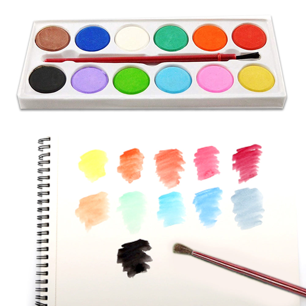 Watercolor kit with 12 paint shades and brush for art projects.