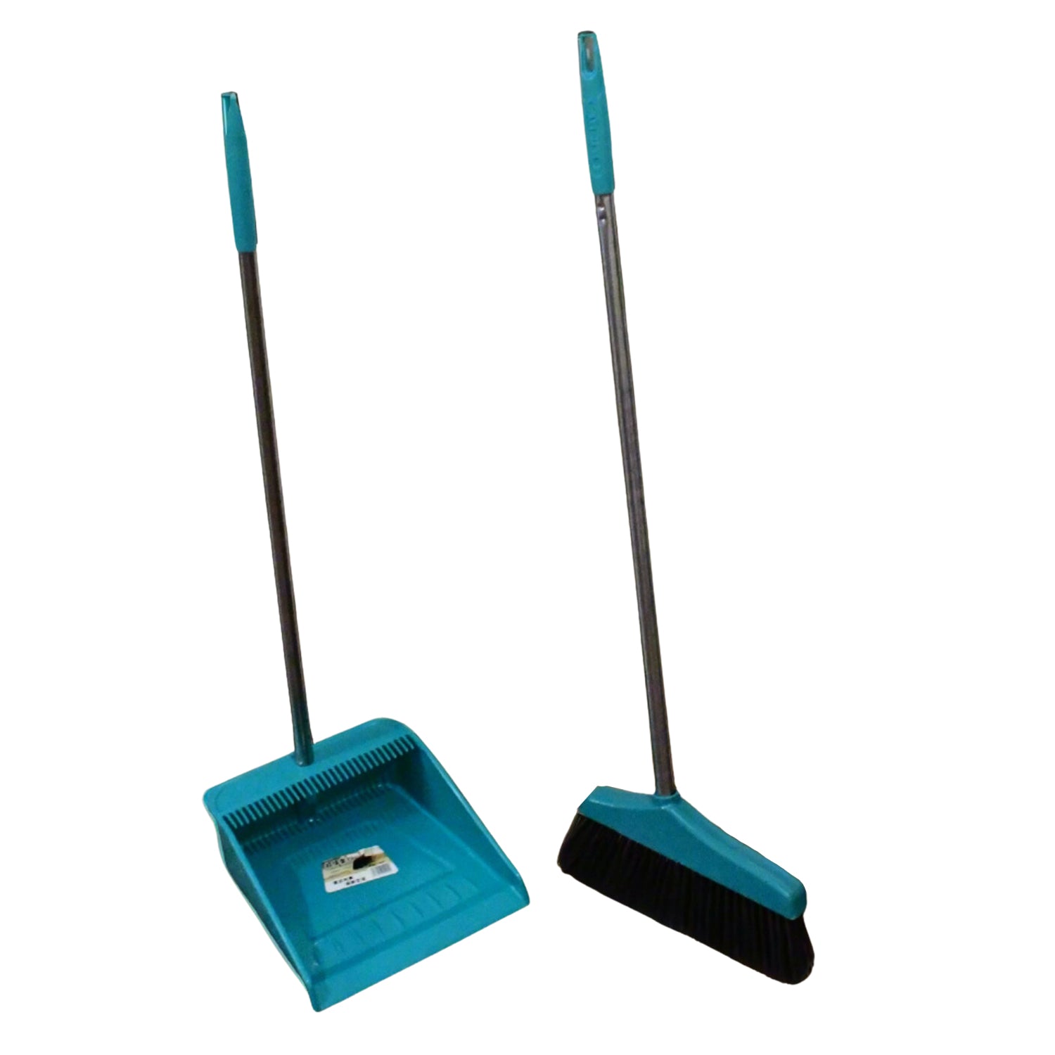 Dustpan and brush set with extended handles, suitable for sweeping and cleaning tasks.