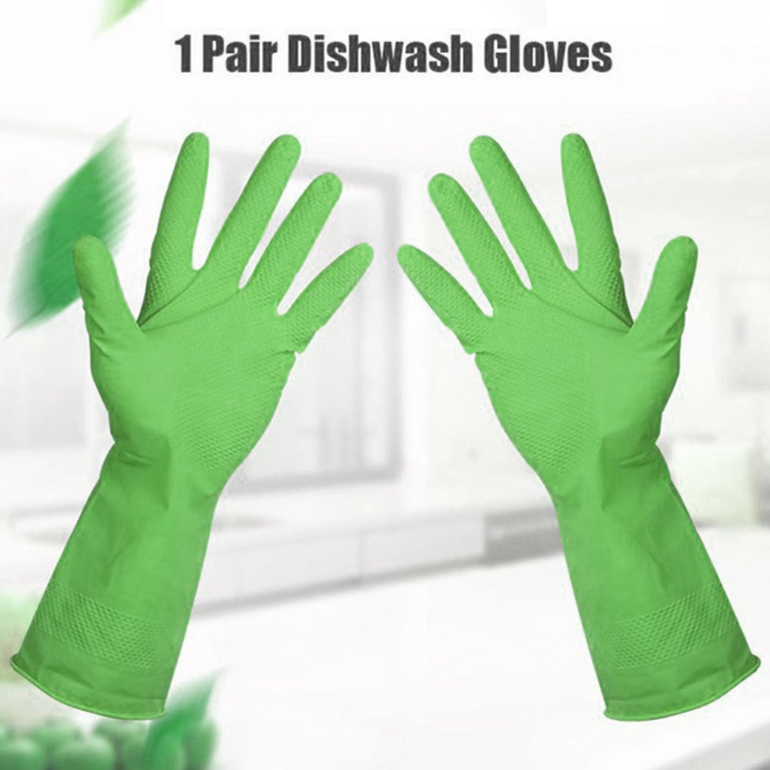 Detailed view of green rubber gloves for cleaning tasks.