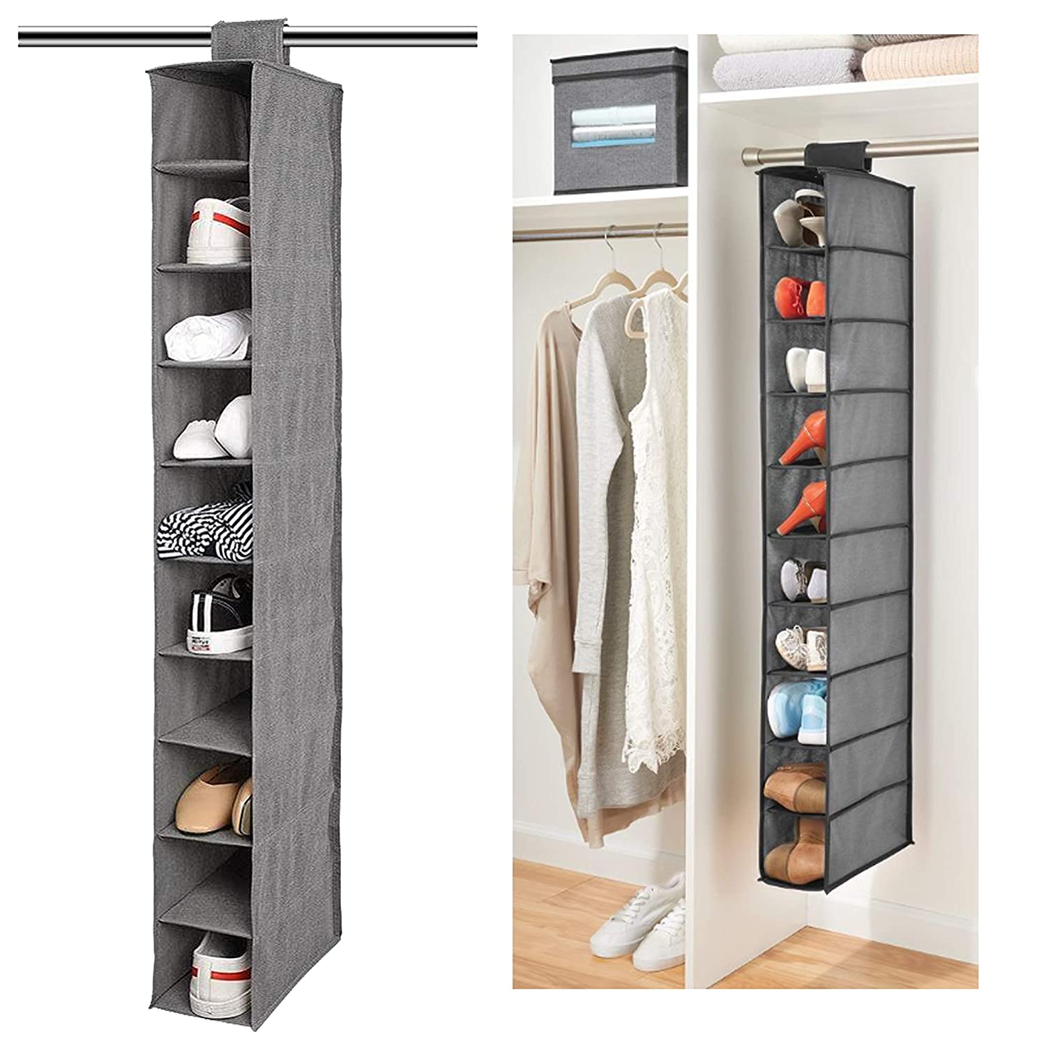 Fabric wardrobe rack with 10 tiers, angled view