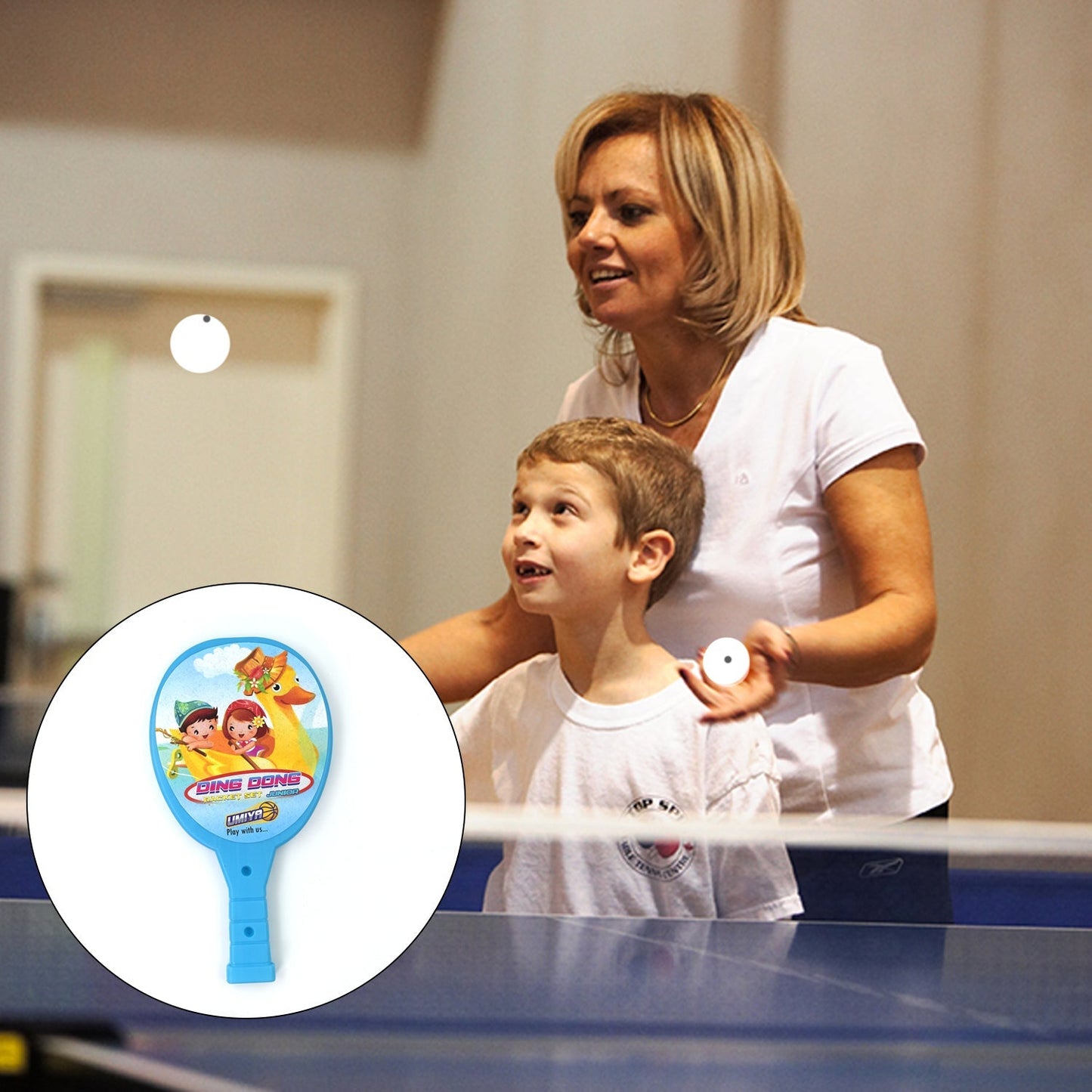 Kids' plastic table tennis rackets and ball set.