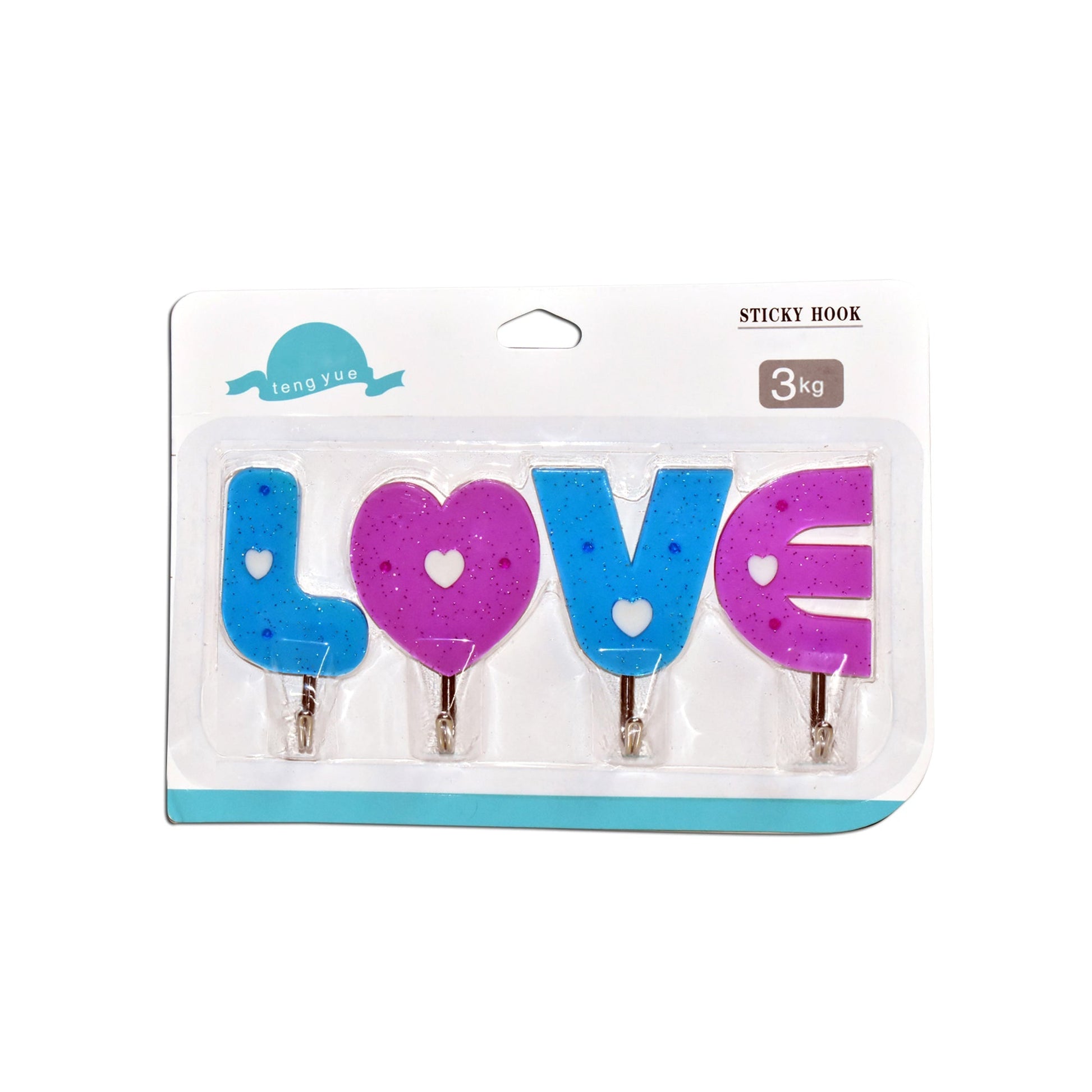 Set of love-shaped self-adhesive hooks for home decoration.