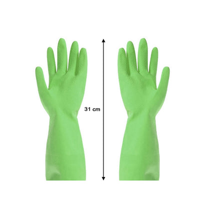 Multipurpose green cleaning gloves for kitchen use.