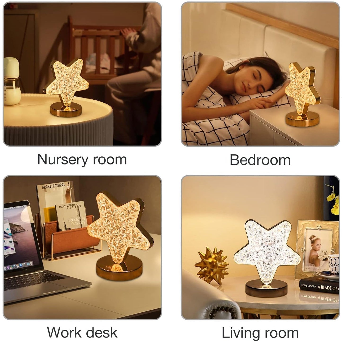 Star Shape Crystal Diamond Lamp Cordless Luxury Lamp with USB Rechargeable, 3-Way Dimmable & Touch Control Decorative Nightstand Lamp for Bedroom, Living Room, Party, Restaurant Decor (1 Pc )