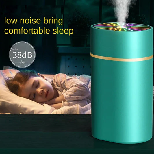 Mini humidifier with colorful light effect, suitable for bedroom or desk use.