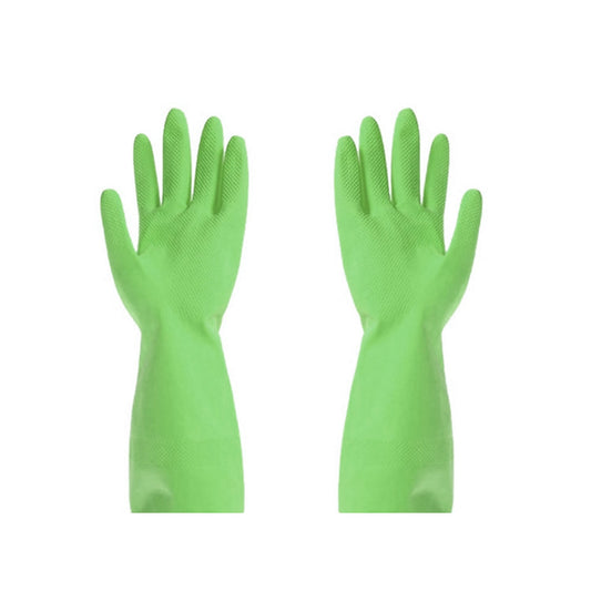 Green rubber cleaning gloves for household tasks.