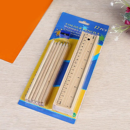 Colorful Wooden Pencil Set with Pencil box, Ruler, Sharpener For for Kids, Artist, Architect (12 Pcs Set)