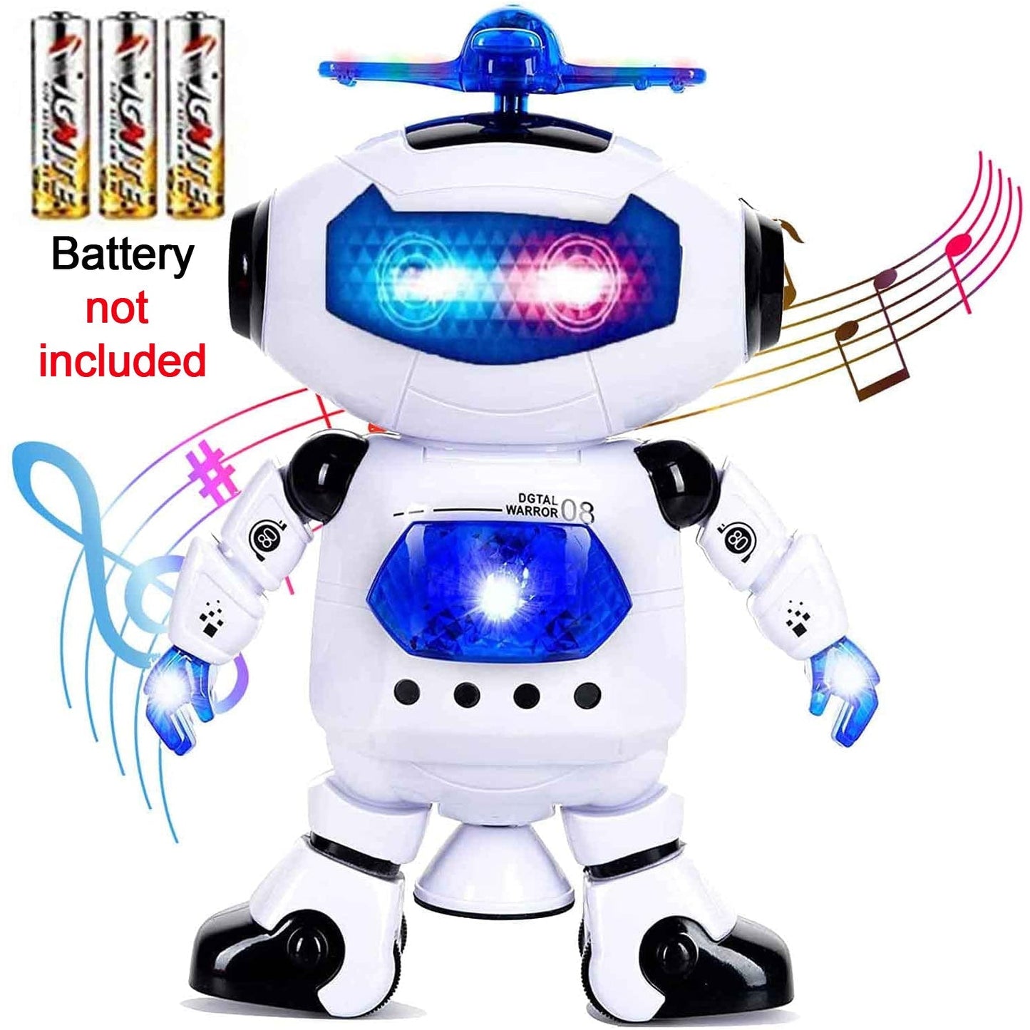 Robot toy with light effects and music.