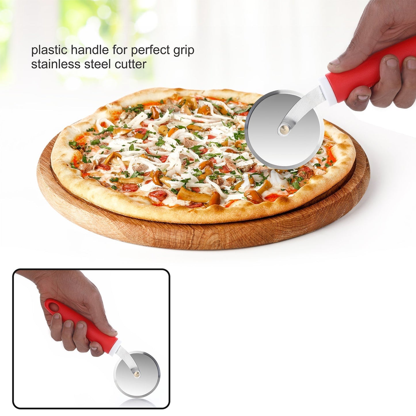 Ganesh pizza cutter wheel, stainless steel, showing different angles.