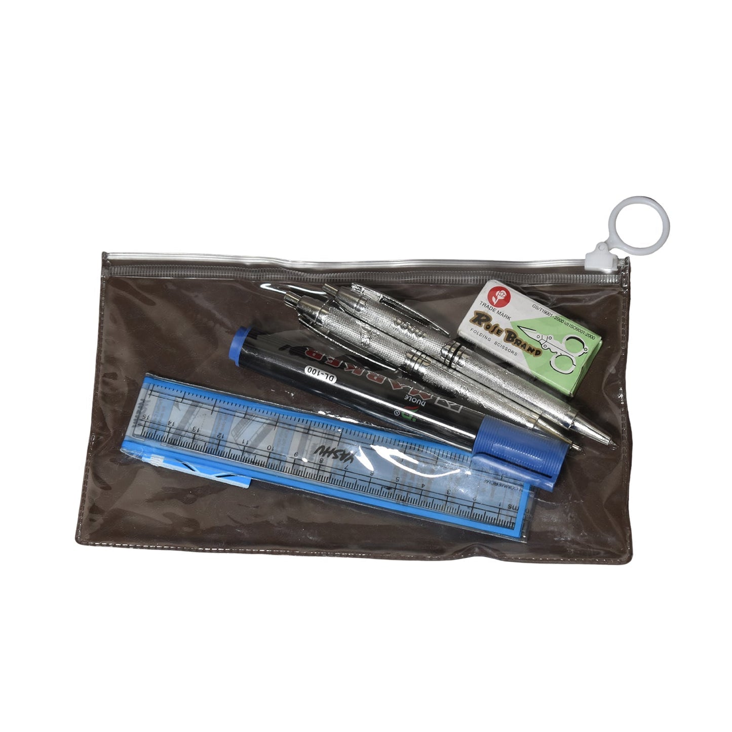 Zipper pouch set with scissors, ruler, pen, and marker