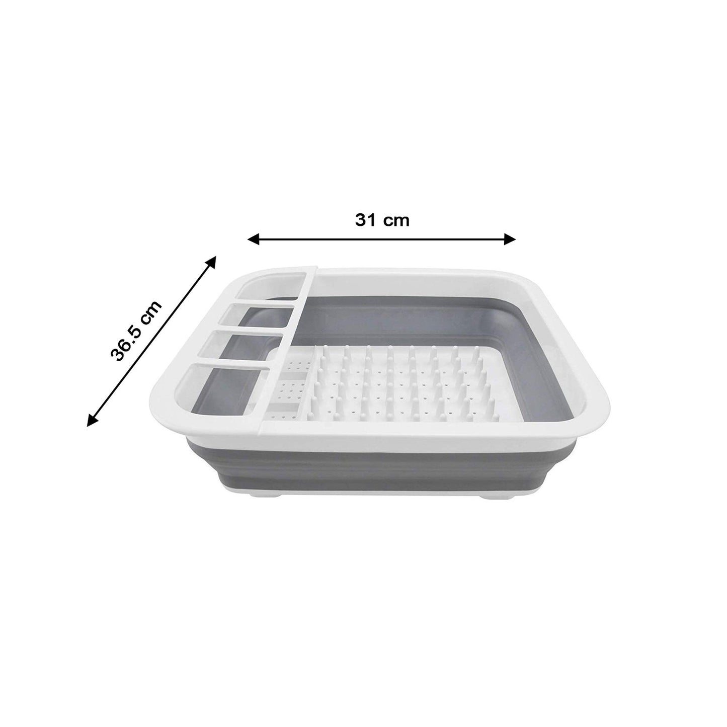 Silicone dish rack for drying dishes, with utensil storage.