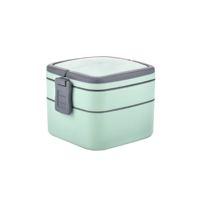 Green double-layer lunch box with handle and spoon