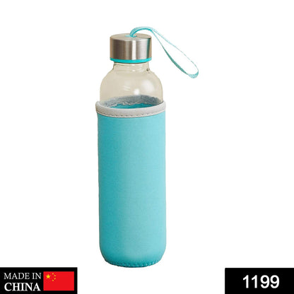 DeoDap glass water bottle, 500 ml, with protective cover.