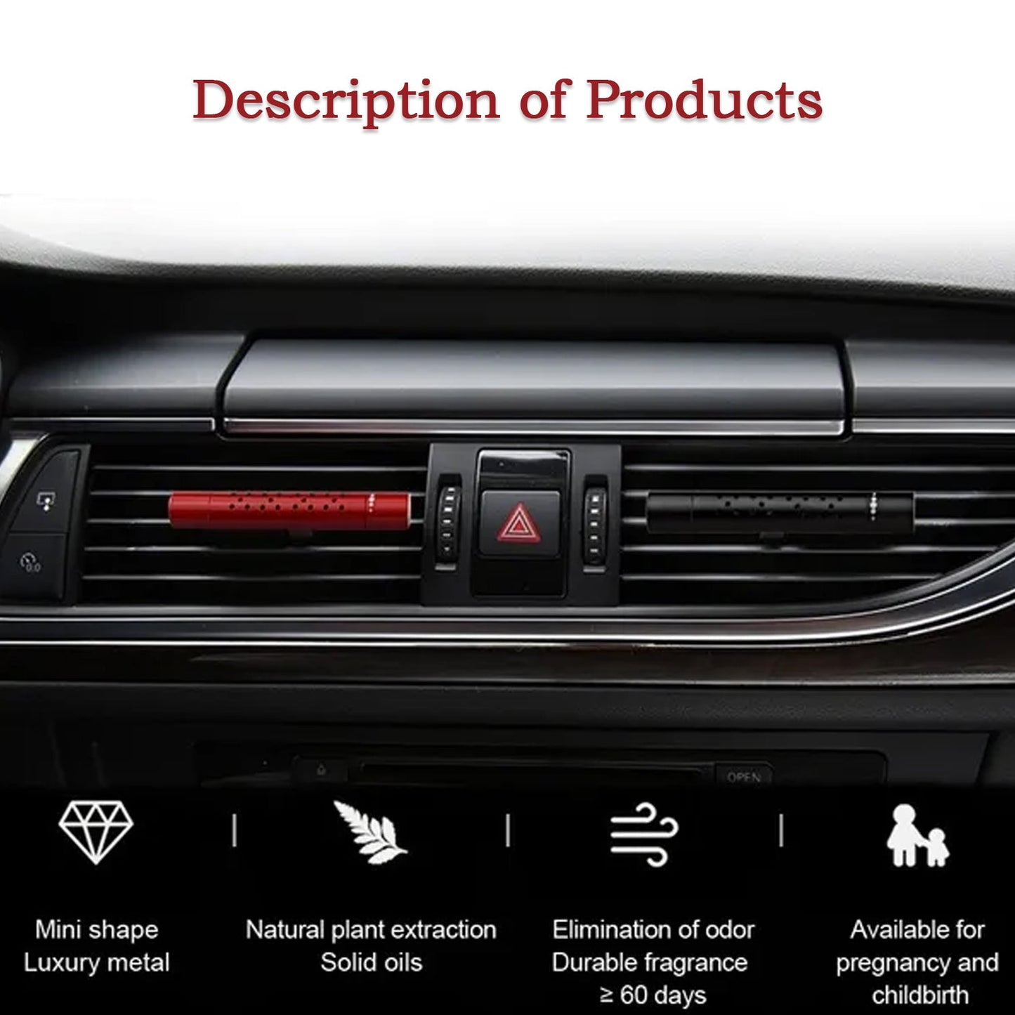 Interior car perfume with rotating flow control and magnetic feature, offering several fragrances.