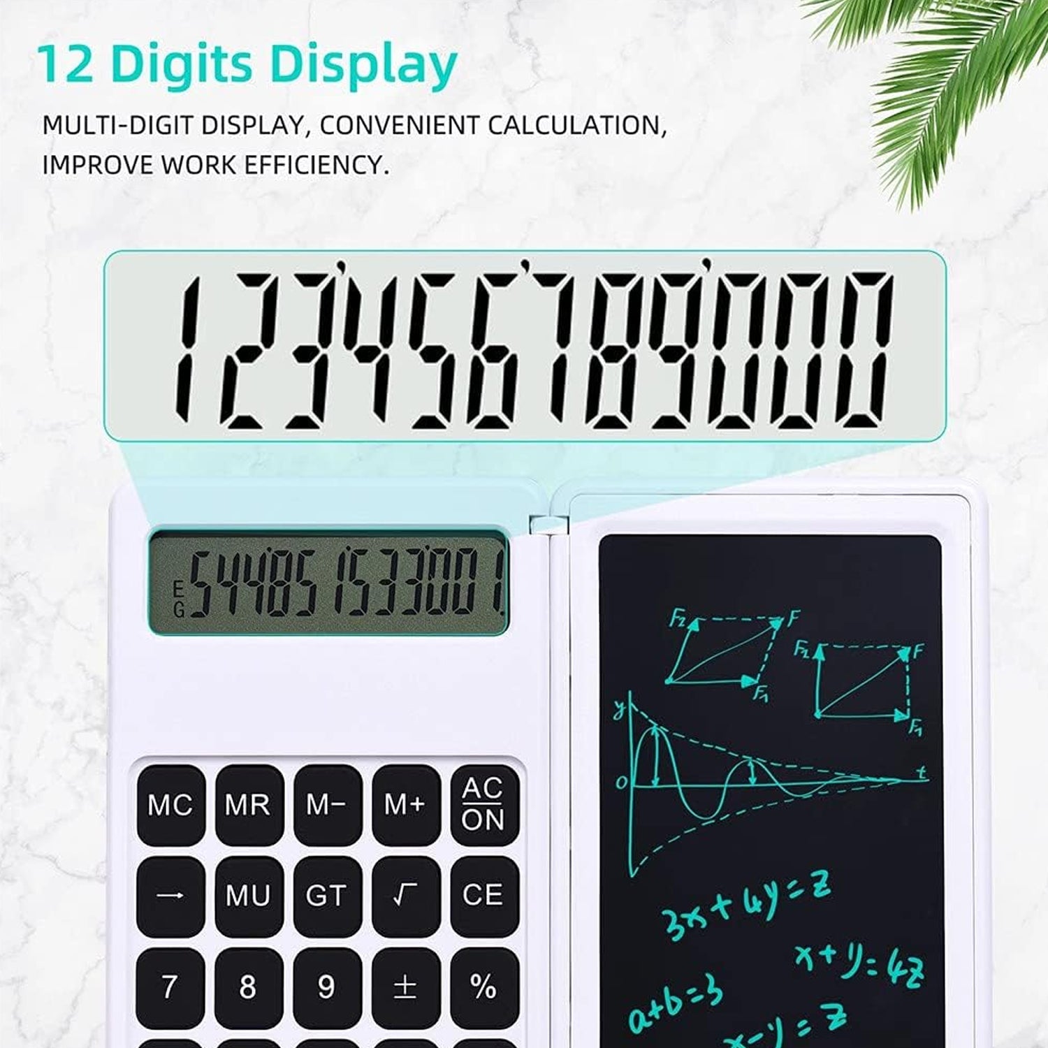 Foldable calculator with digital LCD tablet, stylus, and erase button