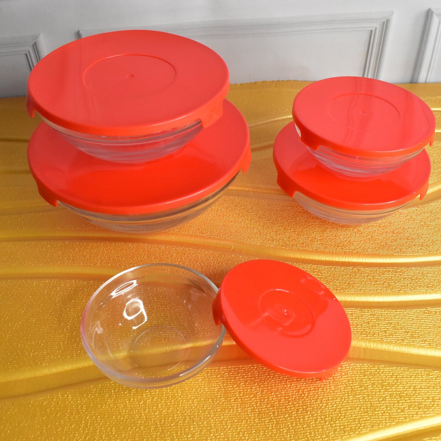 Modern Glass Bowl Set, Mixing / Storage Bowls with Red Lids (5 Pcs Set)