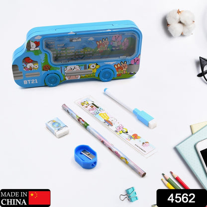 Bus Shape Compass Box for Boys, Kids School Accessories |  Pencil Box  with Wheels for Girls and Kids, String Operated Case Students School Supplies - Stationery Set Organizer Birthday Return Gift for Kids