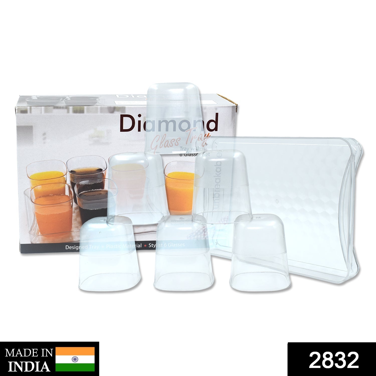 Transparent plastic glasses set with tray.