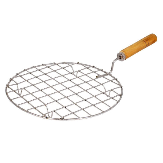 Round stainless steel barbecue grill with wooden handle.