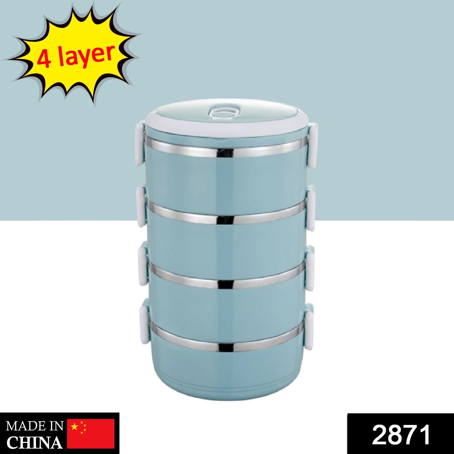 Stainless steel hot lunch box with four layers.