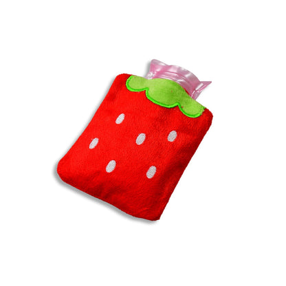 Mini hot water bag with strawberry cover, perfect for neck and shoulder relief.