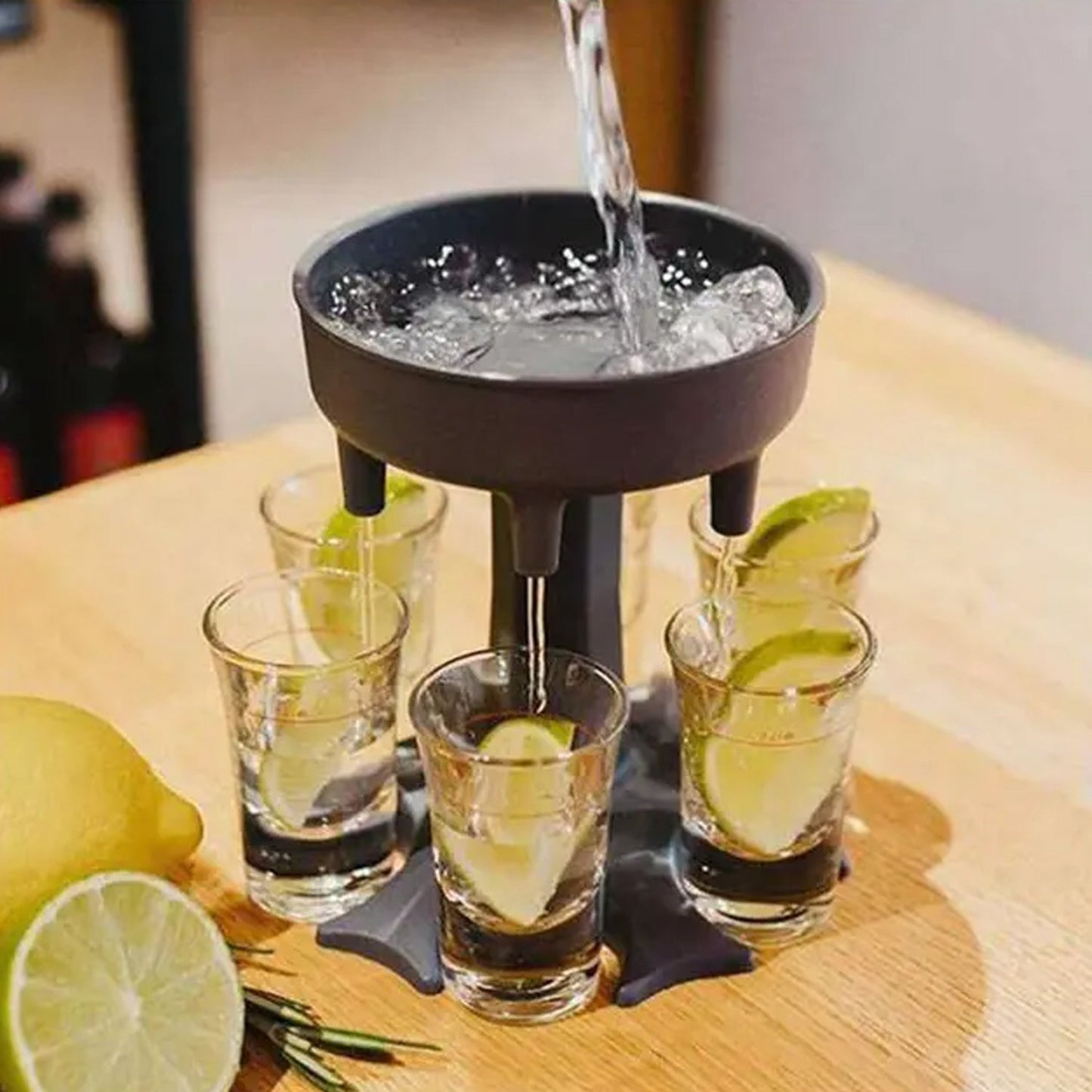 Party shot glass set with tray, includes 6 dispensers.