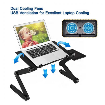 Foldable laptop holder with cooling fans, adjustable design, ideal for home or office use.