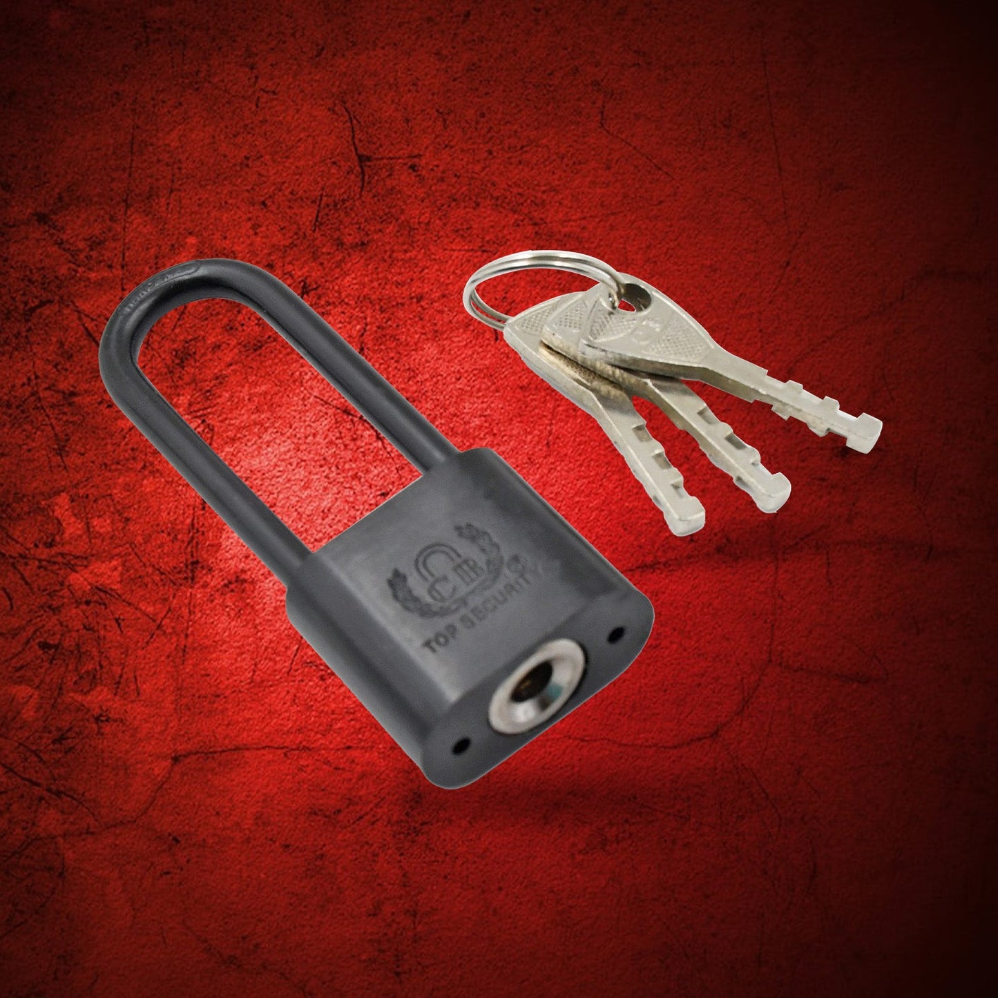 Black metal padlock with key, secure locking.